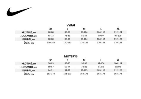 Kainų ir dydžių lentelė: Nike Sportswear linijos pasirinkimas