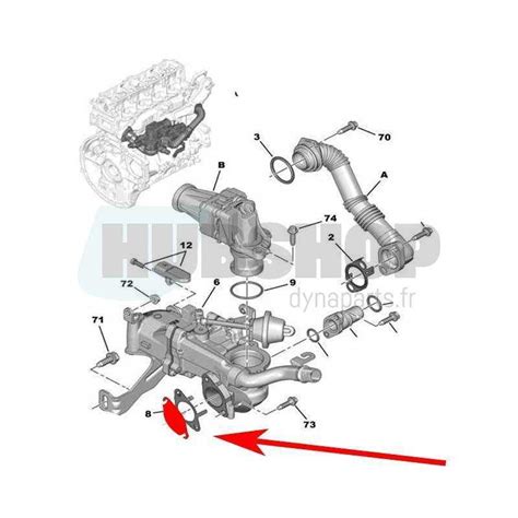 schema: 1.6 HDi/DV6 variklio konstrukcijos komponentų išdėstymas, pabrėžiant turbinos tepimo sistemą ir DPF filtrą