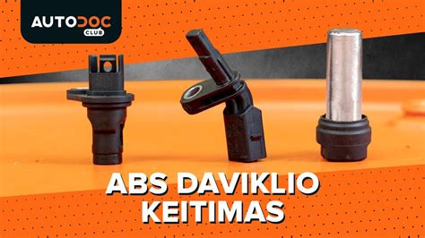 Schema: ABS sistemos komponentų išdėstymas automobilyje (davikliai, valdymo blokas, hidraulinis modulis)