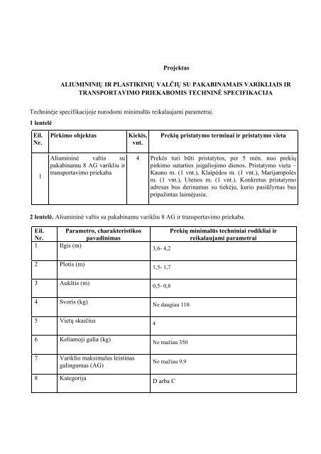 kėlimo įrangos techninė specifikacija ir parametrų lentelė