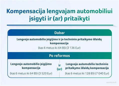 Infografikas, vaizduojantis kompensacijų už automobilio įsigijimą ir pritaikymą padalijimą į dvi atskiras kryptis.