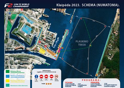 Klaipėdos autodromo schema su skirtingomis trasomis ir įranga
