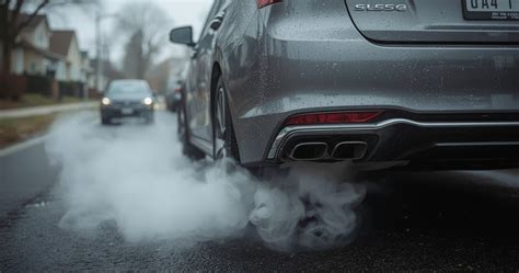 automobilis, metantis baltus dūmus, su iškeltu variklio dangčiu