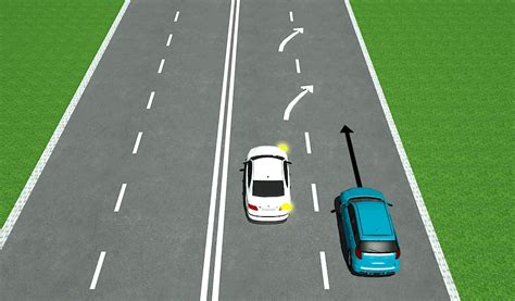 scheminis brėžinys, kaip automobilis išvažiuoja į priešpriešinę eismo juostą ir susiduria su vilkiku