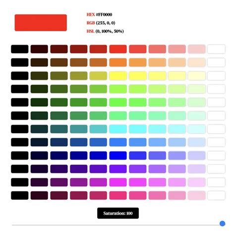 Spalvų pasirinkimo įrankio ekrano kopija, rodanti HEX, RGB ir HSL kodus