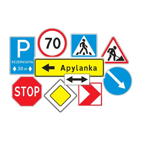 įvairūs kelio ženklai, iliustruojantys skirtingas grupes ir reikšmes