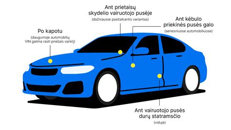 Schematinis brėžinys, rodantis tipines vietas, kur galima rasti VIN numerį automobilyje (pvz., prietaisų skydelis, durelių statramstis)