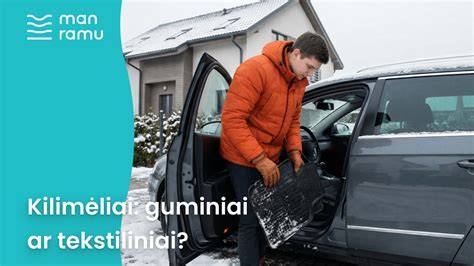 Infografika: kilimėlių tipai: guminiai, tekstiliniai ir bagažinės kilimėliai
