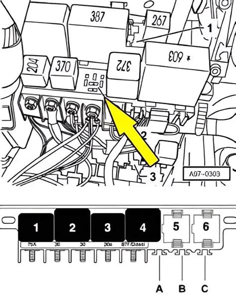 Saugiklių dėžučių vietų schema Audi A6 C5 automobilyje