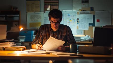 Thematic photo of a teacher working late at night at a desk with books and a computer