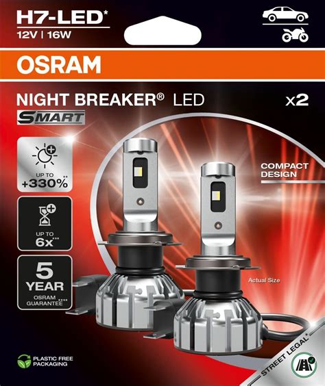 Infografika, lyginanti OSRAM NIGHT BREAKER LED su halogeninėmis lemputėmis (ryškumas, tarnavimo laikas, energija)