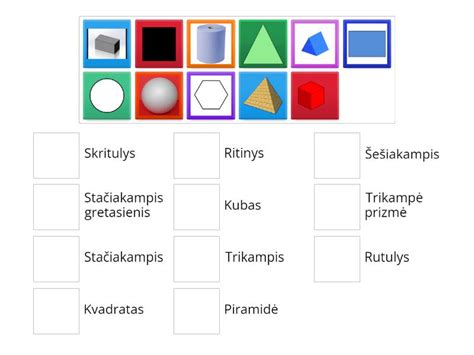 Kortelės su 2D ir 3D geometrinių figūrų pavyzdžiais