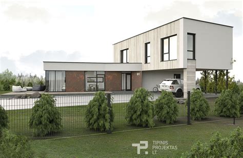 Projekto vizualizacija: dviejų aukštų namas su integruotu garažu dviem automobiliams po terasa
