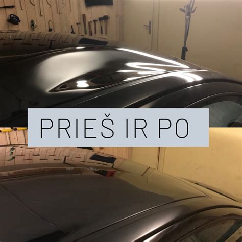 Nuotrauka automobilio stogo po krušos, su daugybe smulkių įlenkimų.