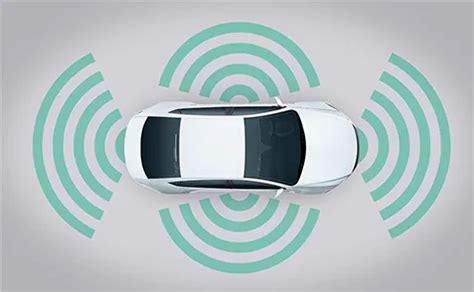 Schematinis vaizdas: ADAS sistemų sensorių (kamerų, radarų, jutiklių) išdėstymas automobilyje.