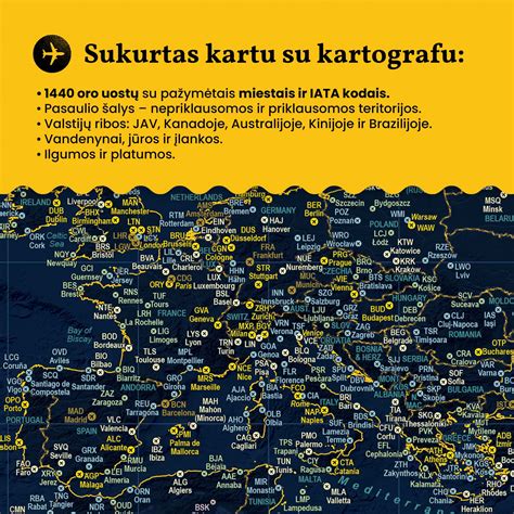 scheminis oro uostų žemėlapis su pažymėtais didžiaisiais Europos centrais ir pigių skrydžių bendrovių populiariausiais maršrutais