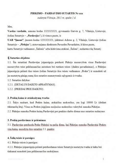 Pirkimo-pardavimo sutarties pavyzdys, ant kurio ranka rašoma