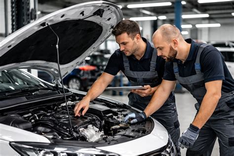 Teminė nuotrauka, kurioje serviso meistras apžiūri automobilį, o pirkėjas lyginasi su VIN ataskaita telefone