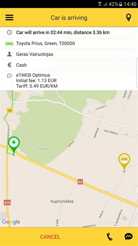 eTAKSI vairuotojo programėlės būsenos keitimo ekranas
