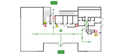 Schema su pagrindiniais evakuacijos plano elementais ir simboliais