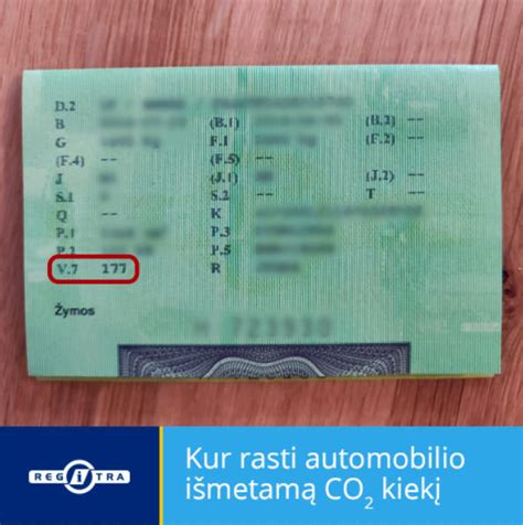 Nuotrauka: automobilio registracijos liudijimo pavyzdys su pažymėta CO2 emisijos vieta