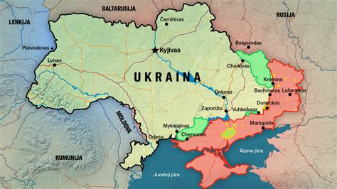 Ukrainos žemėlapis su pažymėtomis konflikto zonomis
