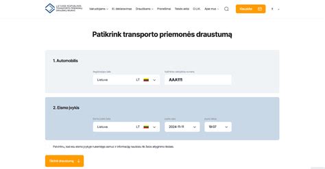 Lietuvos Transporto priemonių draudikų biuro svetainės pavyzdys, kaip patikrinti VIN
