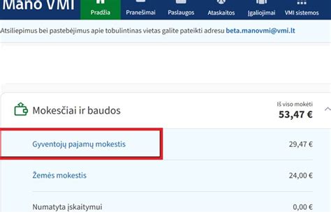 Mano VMI portalo struktūros schema su nuorodomis į mokesčių ir baudų skiltis
