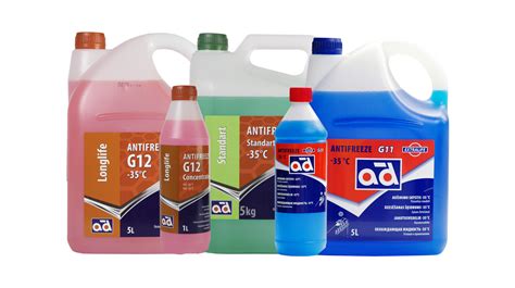 Vaizdas su įvairių automobilių aušinimo skysčio spalvų pavyzdžiais