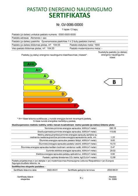Nekilnojamojo turto pastato energinio naudingumo sertifikato pavyzdys