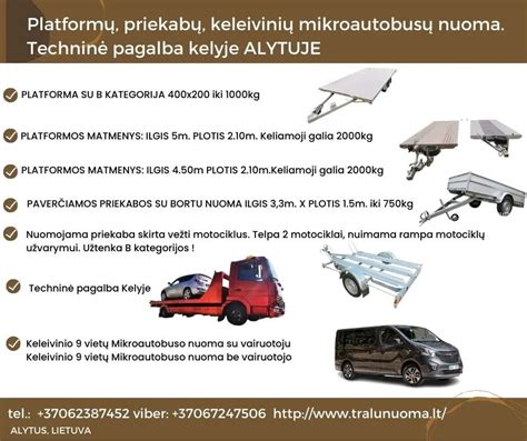 Infografika: priekabų ir tralų tipai su matmenų pavyzdžiais
