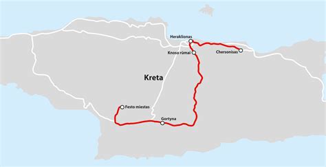 Infografika: Kretos žemėlapis su pažymėtomis pagrindinėmis lankytinomis vietomis Herakliono ir Chanijos regionuose, pasiekiamomis motoroleriu.