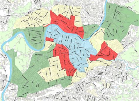 Vilniaus miesto parkavimo zonų žemėlapis su mėlyna, raudona, geltona ir žalia zona