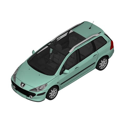 infografika su Peugeot 307 SW sėdynių transformacijos galimybėmis ir bagažinės tūriu