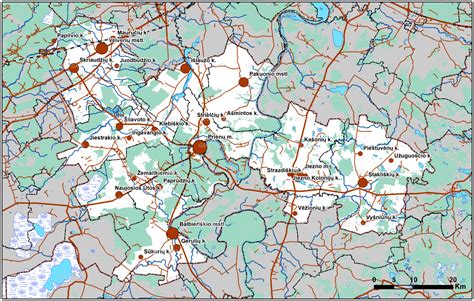 Geografinė nuotrauka: Prienų rajono žemėlapis su pažymėtomis vietovėmis