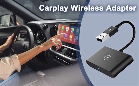 A wireless CarPlay adapter plugged into a car's USB port with a smartphone connected via Bluetooth