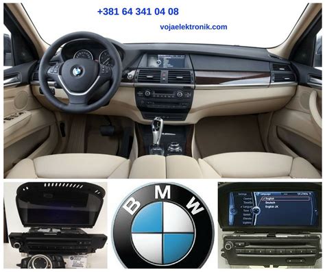 BMW E60 centrinės konsolės iliustracija su CCC sistemos ekranu ir iDrive valdikliu