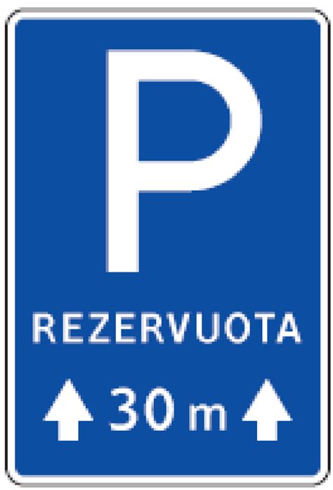 Skecha, iliustruojanti kelio ženklo „Rezervuota stovėjimo vieta“ ir informacinės lentelės išdėstymą aikštelėje.