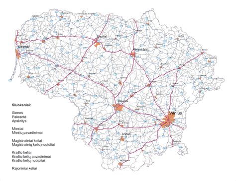 Žemėlapis: Lietuvos A1 magistralės maršrutas ir pagrindinės jungtys