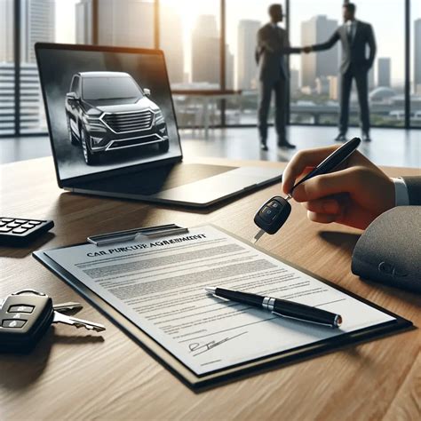 Teminis paveikslas: verslininkas su planšete prie naujo automobilio, lizingo sutartis