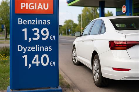 Infografika: Degalų kainų palyginimas (Benzinas, Dyzelinas, SGD degalinėje, SGD namuose) 100 km atstumui