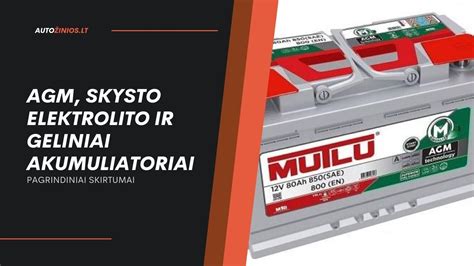 Schematinis skirtingų tipų automobilių akumuliatorių (švino-rūgštinis, gelinis, AGM) vaizdas.