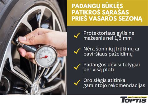 Infografika, vaizduojanti pasiruošimo etapus prieš žibintų reguliavimą (padangų slėgis, švara)