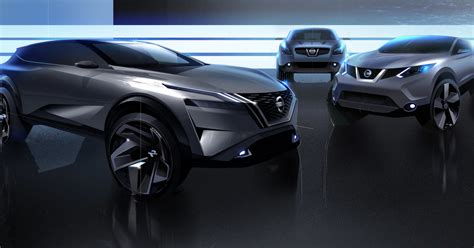 Nissan Qashqai trečios kartos automobilio, pabrėžiančios hibridizaciją, iliustracija