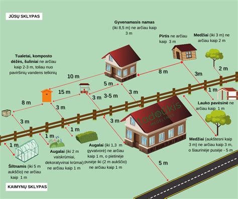 Inforgrafika su želdinių sodinimo atstumų reikalavimais nuo sklypo ribos