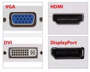 Įvairių televizoriaus ir kompiuterio jungčių (HDMI, VGA, DVI, S-Video, RCA) iliustracija