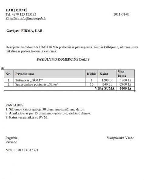 Pavyzdys komercinio pasiūlymo šablono