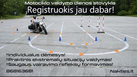 Motociklo valdymo aikštelėje pratimų schema su išdėstytais kūgiais ir matmenimis