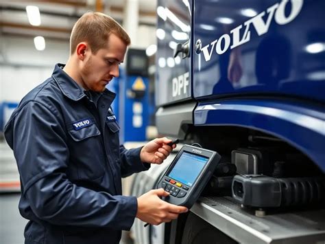 A technician performing diagnostics on a Volvo engine using specialized equipment, with a computer screen displaying data.