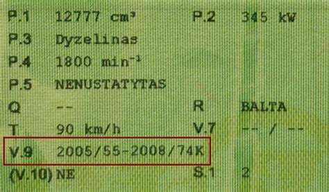 pavyzdinė automobilio registracijos liudijimo dalis su nurodytu V.9 grafoje Euro standartu
